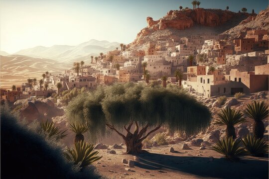 Algerian landscape illustration, Sahara Desert, Hoggar mountains, Algeria, created with generative ai