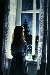 A girl looks out the window at night. Melancholy, depression and loneliness. Generated AI image