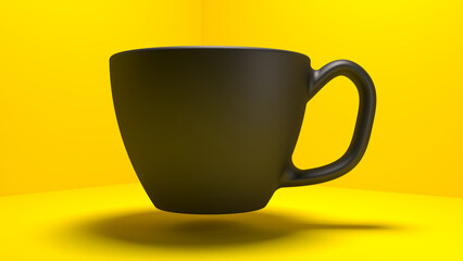 Matte black cup in yellow background. Object Isolated in yellow background. 3d render. single object. floating. suspended in air