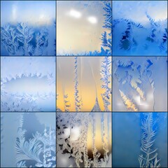 Frost on the window - winter background. AI-generated digital illustration, square format, blue color.