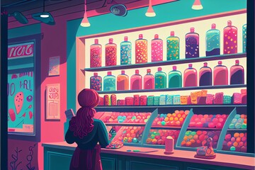 An illustration of a multicolored candy shop interior.. Generative AI