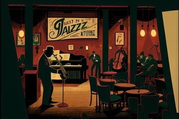 An illustration of a vintage jazz club. Generative AI - obrazy, fototapety, plakaty