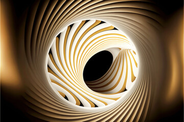 Abstract striped cartoon tunnel. geometrical wormhole shape. Gold and white. AI generated
