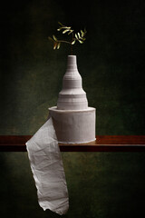 Still life with a roll of toilet paper and a branch of a plant