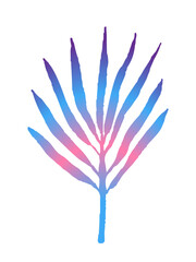 Palm leaf with a gradient of blue, pink, purple. Eco-friendly hand drawing. Tropics, sunset, rest, relaxation. Vector illustration, plant design element. Sunset