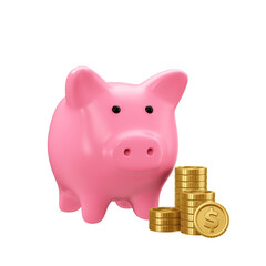 Piggy bank with golden money coins isolated