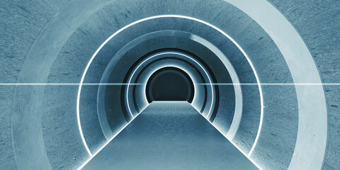Fototapeta premium Sci Fi Neon Glow Dark Corridor Tube Curved Passage Futuristic Technology Tunnel Spaceship empty tunnel room with glowing neon color background 3d illustration