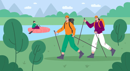 Cartoon people hike. Happy tourists engaged in Scandinavian walking. Outdoor sport activities. Girl in river boat. Travellers couple together in nature. Scenic landscape. Vector concept