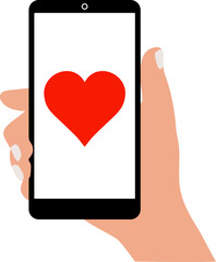 Sending love message. Hand holding cell phone with love heart on screen. Valentines day message vector Illustration.
