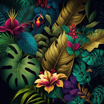 Jungle leaves and flowers tropical background © Aleksey