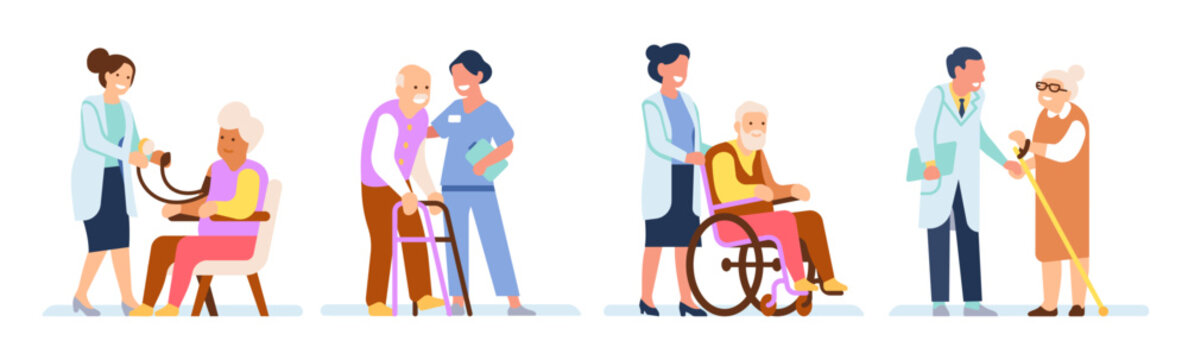 Doctor helps old people. Senior patients assistance. Nurse cares for grandmothers and grandfathers. Grandparents sitting in armchair and walking with cane. Vector happy pensioners set