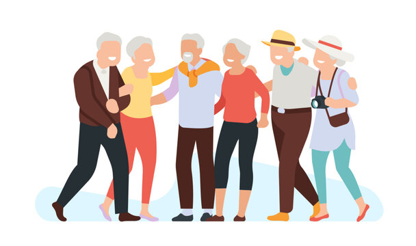 Elderly People Standing Together. Happy Mature Friends. Retired Men And Women Hugging. Adult Persons Meeting. Grandparents Friendship. Pensioners Leisure. Seniors Community. Vector Concept