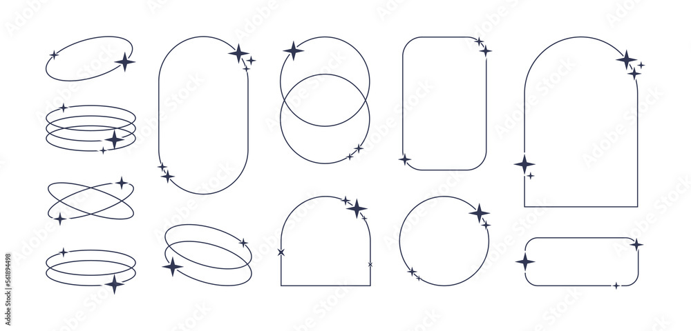 Aufkleber Trendy line elements set, minimalist frames and borders with twinkle stars. Different aesthetic oval elements and arch line frame with sparkles. Vector illustration.
