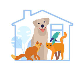 Hotel for domestic animals. Pet shelter. Vet service. Home with dog or cats. Parrot bird. Help to puppy. Care of kittens. Veterinary center. Building house. Kitty adoption. Vector concept