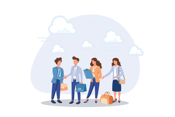 Onboarding new employee, introduce new hire to colleagues, warm welcome to new office, orientation training on first day concept. Flat vector modern illustration - obrazy, fototapety, plakaty