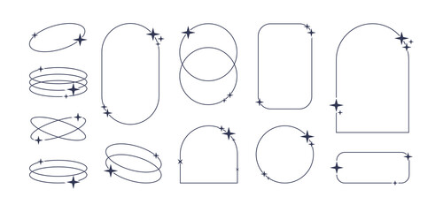Trendy line elements set, minimalist frames and borders with twinkle stars. Different aesthetic oval elements and arch line frame with sparkles. Vector illustration. - obrazy, fototapety, plakaty