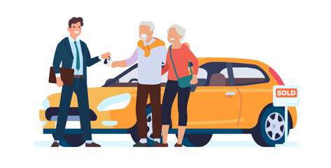 Old man and woman buying automobile. Auto dealer selling car to elderly couple. Transport purchase. Happy grandparents with vehicle. Salesman and aged buyers with key. Vector concept