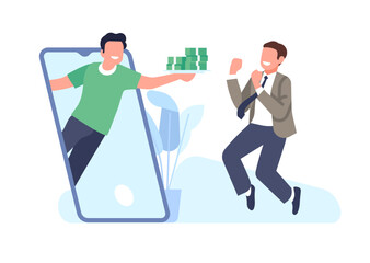 Online banking on your phone. Mobile application. Man giving money to cheerful client. Financial transfer. Successful finance investment. Smartphone screen. Banknote stack. Vector concept