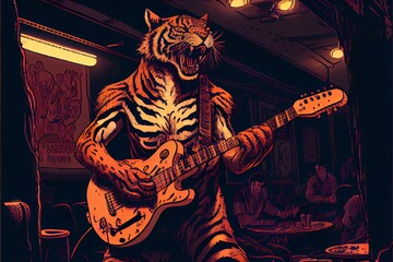 An illustration of a tiger playing the guitar in a night club.. Generative AI