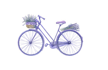 watercolor image of a lilac bicycle with a bouquet of lavender in a basket © Olga