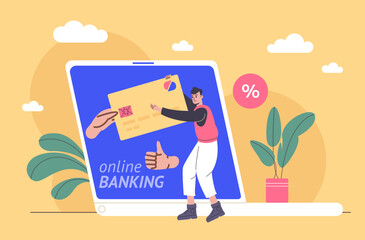 People pay bills mobile banking app. Man uses online bank account. Remotely payments for purchases. Laptop and guy with credit card. Financial transfer. Internet shopping. Vector concept