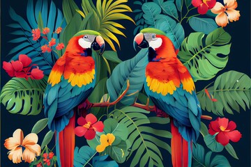 tropical pattern with parrots and flowers in bright colors. Generative AI