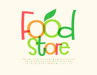 Vector creative Signboard Food Store. Stylish Colorful Font. Trendy artistic Alphabet Letters and Numbers set