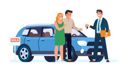 Young couple buying car. Auto dealer selling vehicle to man and woman. Automobile dealership agent talking with clients. Transport purchase. Salesman and buyers with key. Vector concept