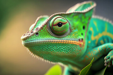 Close-up of a bright green colored chameleon from the side.