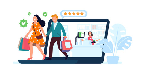 Young couple shopping online. People buying clothes by laptop. Customers making purchases. Computer application. Happy buyers with store bags. Internet shop. Rating stars. Vector concept