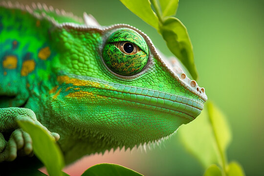 Close-up of a bright green colored chameleon from the side.
