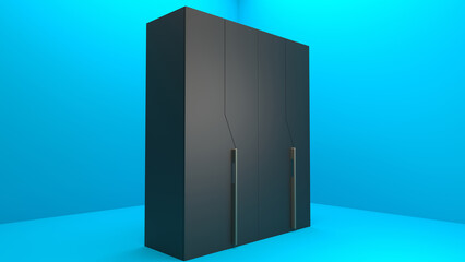 Black Cupboard. Black Wardrobe. Isolated on Blue Background. 3D Rendering. Matte black texture