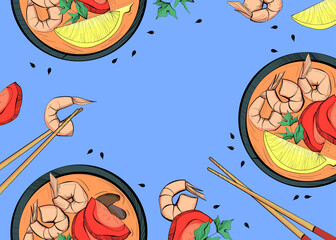 Poster with Asian tom yam and ingredients for it on a blue background