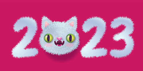 Vector emblem for new year of 2023 with head of a cute cat in realistic style. Vector icon of kawaii cat for 2023 year. Kitty emoji for Chinese new year.