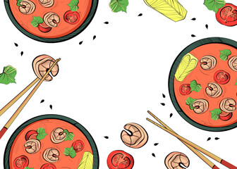 Poster with tom yam, ingredients for a dish and chopsticks on a white background