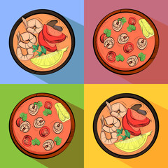 Asian dish tom yum on colored backgrounds