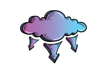 Hand Drawn Vintage Line Style Data Cloud Technology Concept. Futuristic Neon Colors Data Cloud with Arrows Illustration. 