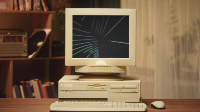 Retro pc with vintage screen saver, for chroma key green screen, Old computer studio close-up, Desktop vintage retro wave display, late 90s PC mock up for 3d motion design