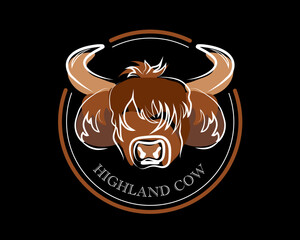 Portrait of Highland cattle, cow. Cute head of Scottish cattle isolated on black background. Design element for logo, poster, card, banner, emblem, t shirt. Vector illustration.