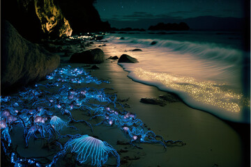 Bioluminescence nighttime at the sea
