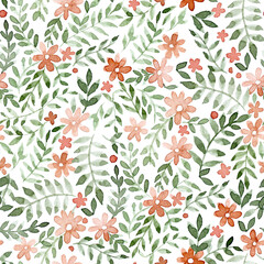 watercolor seamless pattern with cute flowers and leaves. abstract print with small drawings. pink daisies and green leaves