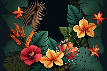 Jungle leaves and flowers tropical background