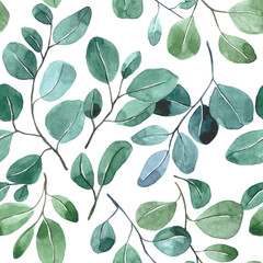 watercolor seamless pattern with tropical eucalyptus leaves on a white background. simple abstract print with green leaves