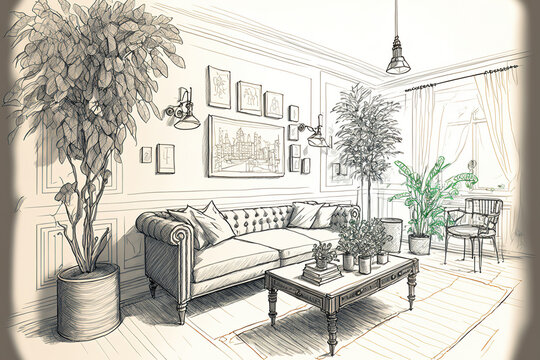 Concept For An Interior Architect Vintage Living Room With Sofa And Tables, Carpet, And Potted Plant, Hand Drawn As The Place Takes Shape. Generative AI