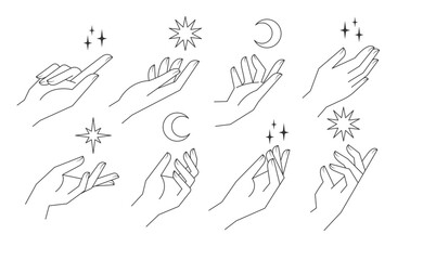 Aesthetic hands vector linear illustrations. Stylized elegant hand drawings with different gestures.