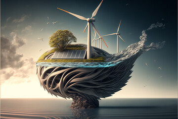 wind turbines and solar panel 3d render ai generated 