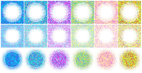 Set halftone checkered gradient circles with multiple pixels dots colors combinations.