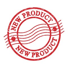 NEW PRODUCT, text written on red postal stamp.