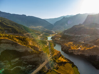 Beautiful top view of the mountain nature. Mood to travel. New experience. blue mountain river.