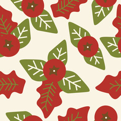 Leaves and berries doodle vector seamless repeat pattern